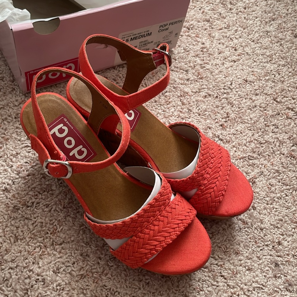 NEW 7.5 Med Coral Wedge cork-look Platform Woven Strap Sandals Heels Shoes - Picture 7 of 9